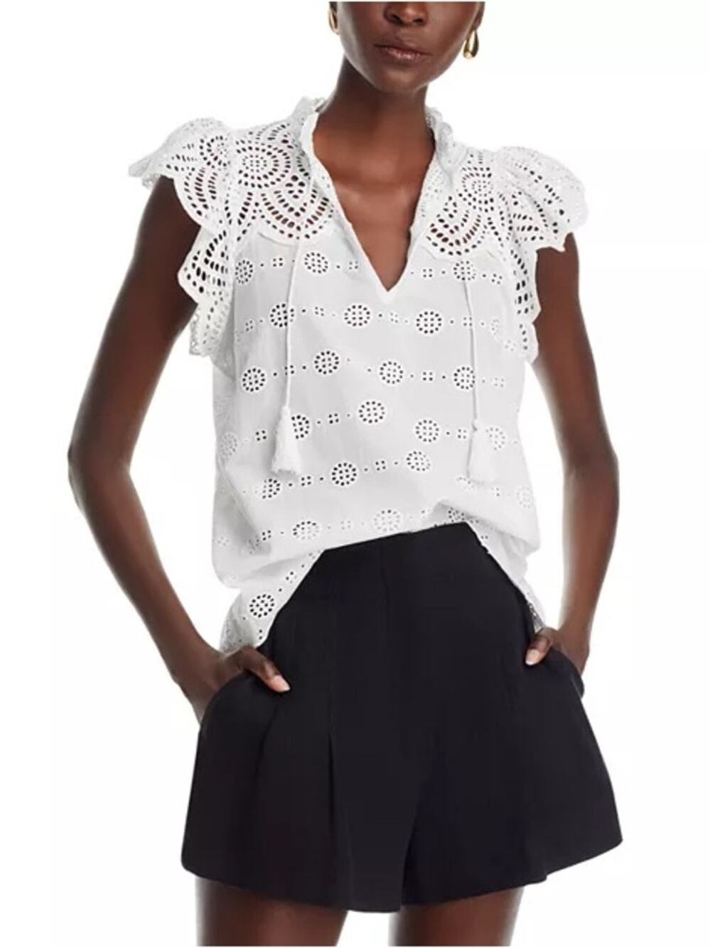 AQUA Eyelet Ruffle Top XS